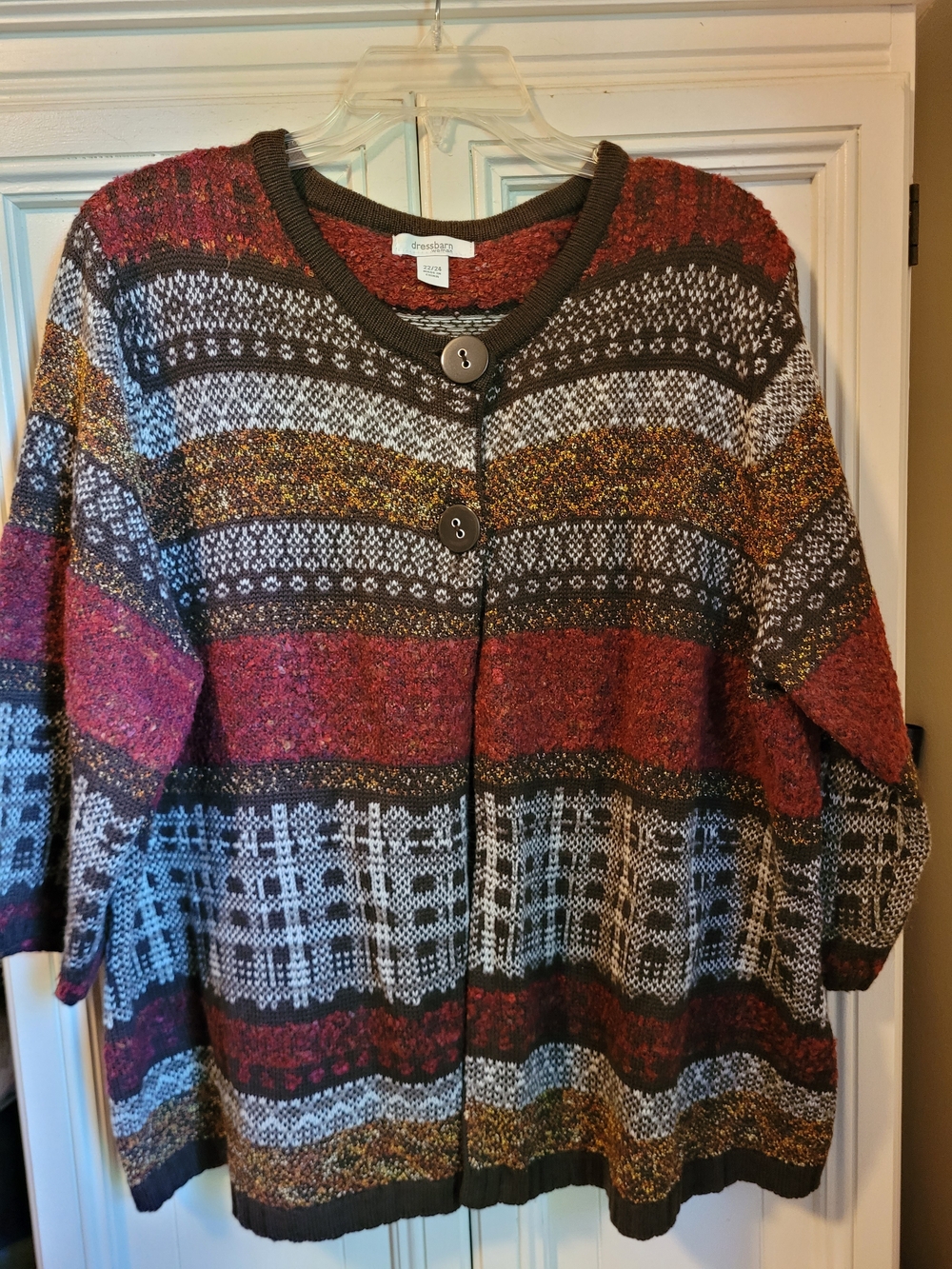 dressbarn Multicolor Striped Button-Front Cardigan in Red, Brown, Cream, Gold